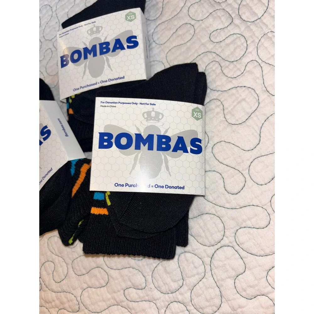 Bombas Black Ankle Socks 3-Pack XS Honeycomb Arch Support Bee Logo Striped